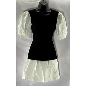 ENGLISH FACTORY Women's Black/White Short Puff Sleeve Poplin Mini Dress SZ L